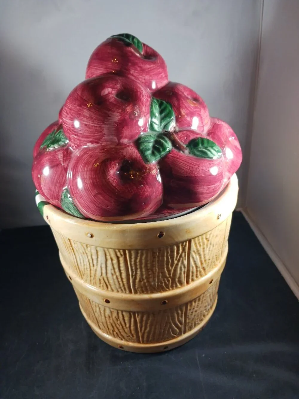 Vintage 10in Tall Ceramic Apple Basket Cookie Jar